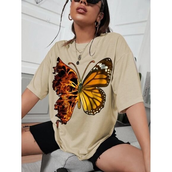 New SHEIN EZwear Butterfly Print Drop Shoulder Oversized Tee‎ - Size Medium - Picture 1 of 6